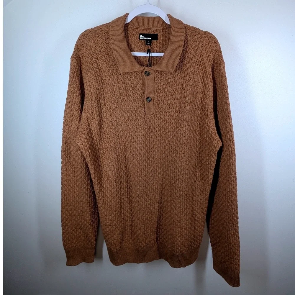 NWT The Commons Mens Textured Knit‎ Long Sleeve Polo Sweater Camel Brown Large